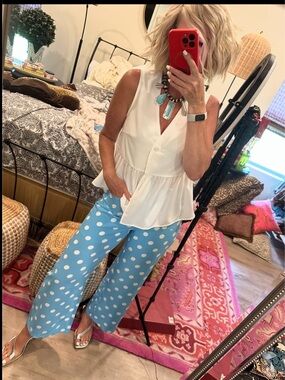 Women’s White/Blue Polka Dot Pants
